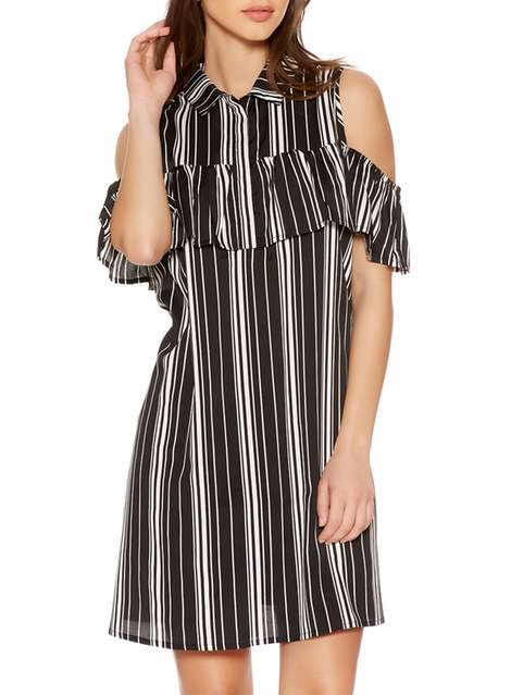 **Quiz Black Striped Ruffle Shirt Dress